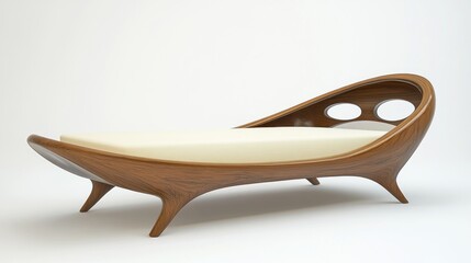 Modern wooden chaise lounge with curved design and cream cushion on white background.