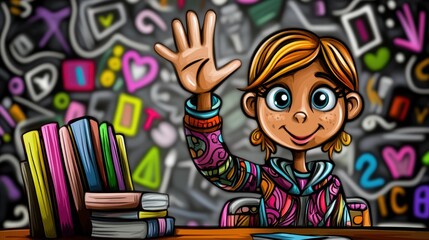 Happy girl student raising hand in classroom.