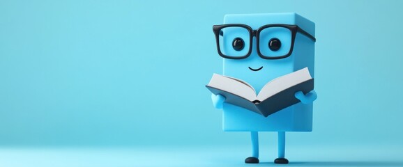 Cute blue character reading a book.
