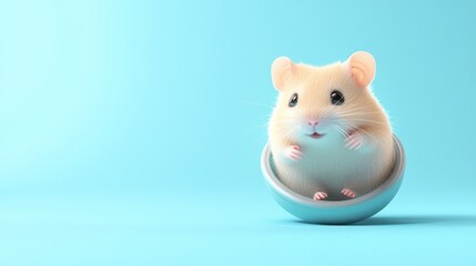 Cute hamster sitting in a light blue bowl on a light blue background.