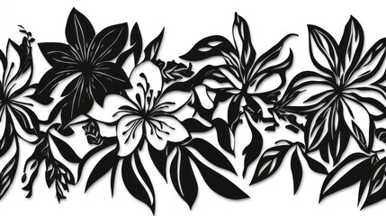Black and white floral border with stylized flowers and leaves.