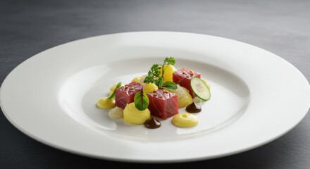 Gourmet dish presentation: artistic plating of tuna tartare and garnishes