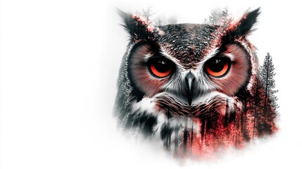 Majestic owl portrait with forest double exposure, intense red eyes.