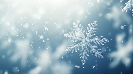 Macro of a delicate, transparent, beautiful snowflake in the air.