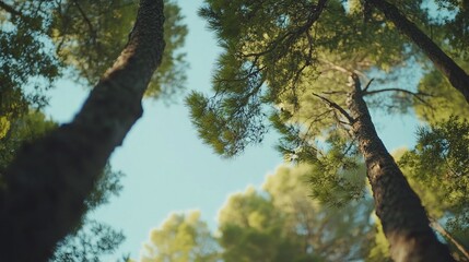 Fototapeta premium Low angle view of tall pine trees in a forest, sunlight filtering through the canopy.