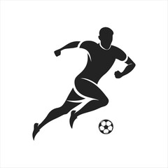 black vector of soccer player silhouette in dynamic movement, minimalist logo style