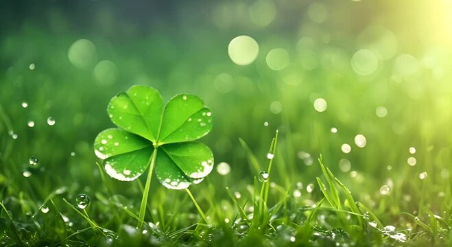 A four leaf clover stands out in the grass kissed by dew 4K