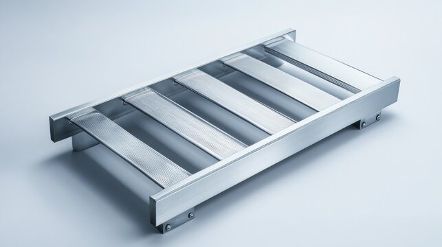 Aluminum industrial rack, rectangular, metallic, five parallel bars, isolated on white background.
