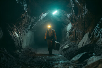 A Miner in a High-Visibility Uniform and Headlamp Walking Through an Underground Tunnel, Carrying Equipment with Rock Walls and Mining Gear in the Background