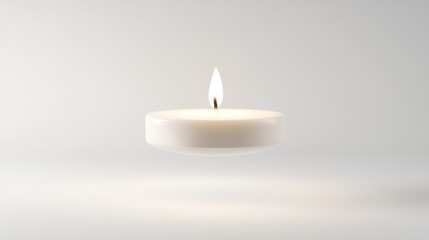 A single, floating white candle with a lit flame against a bright background.