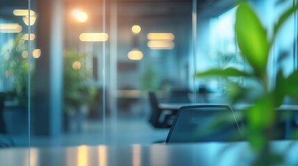 Fototapeta premium A modern office interior showcases glass walls and a blurred view of a professional workspace, featuring sleek conference tables and ergonomic chairs in a well-lit environment.