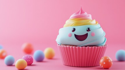 Cute cartoon cupcake with rainbow frosting and happy face on pink background with pastel balls.