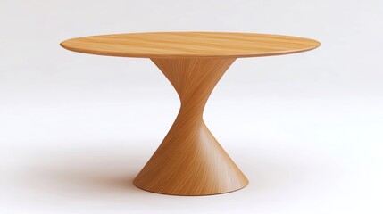 Modern wooden round dining table with a unique hourglass-shaped pedestal base.