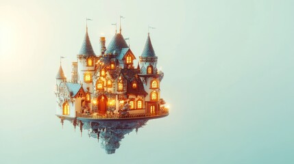 Obraz premium A whimsical, floating castle with warm lights, reflecting on calm water.