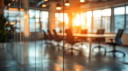 A modern office interior showcases glass walls and a blurred view of a professional workspace, featuring sleek conference tables and ergonomic chairs in a well-lit environment.