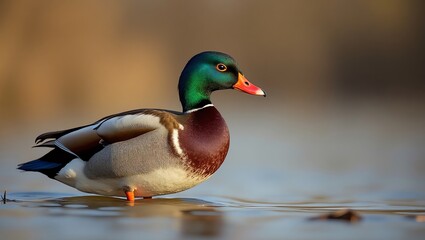 Obraz premium A vibrant mallard duck with a green head and yellow beak standing gracefully in a studio setting on a neutral background