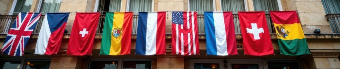 Colorful banner with flags of various countries hung on a building , architecture, flags, decoration