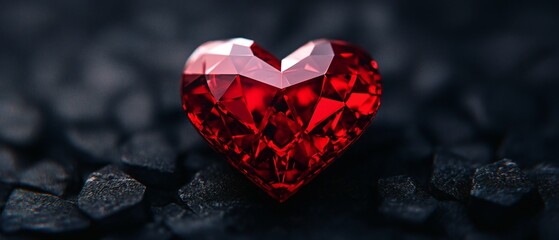Valentine's Day Sparkling Red Heart Gemstone on Dark Background Love Romance Luxury