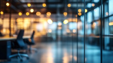 A modern office interior showcases glass walls and a blurred view of a professional workspace, featuring sleek conference tables and ergonomic chairs in a well-lit environment.