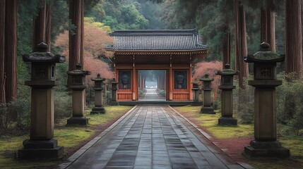 Obraz premium Serene Temple Pathway Through Ancient Trees