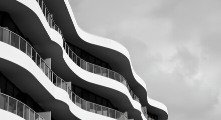 Modern architectural waves: curved balcony design against cloudy sky