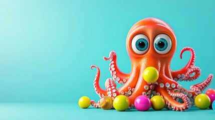 Fototapeta premium Cute cartoon octopus with colorful balls on blue background.