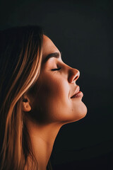 Fototapeta premium Side-lit young woman in dark room, sharp shadows emphasizing facial features and emotions