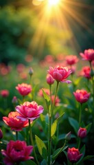 Fototapeta premium Dew-kissed blooms, vibrant hues, English garden dawn, dew, sunrise