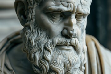 A close-up of an ancient marble bust, showcasing detailed craftsmanship and the profound expression of wisdom.
