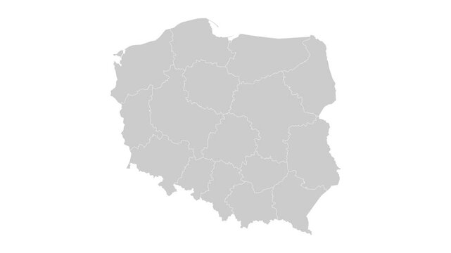 Poland map animation. Animation of connecting all region country into a whole Poland map with borders in the background with an alpha channel. Motion design.
