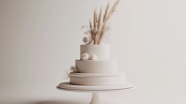 Elegant three-tiered wedding cake adorned with pampas grass and small white flowers, on a pedestal.