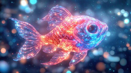 Fototapeta premium Luminous, crystalline fish swimming in a bokeh-filled ocean.