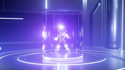 Futuristic robot in glass cylinder, glowing purple light.