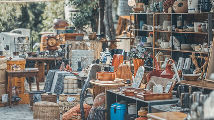 A vibrant outdoor flea market stall featuring a diverse collection of second-hand household items. Perfect for themes of sustainability, vintage shopping, and community markets