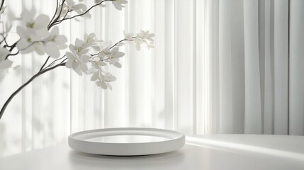 Fototapeta premium White platform on table with white flowers and sheer curtains.
