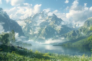 A breathtaking view of majestic mountains reflecting in a serene lake under a clear blue sky with lush greenery.