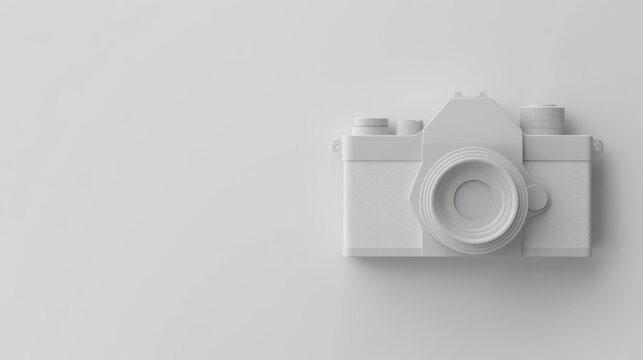 Minimalist white 3D rendered camera on white background.
