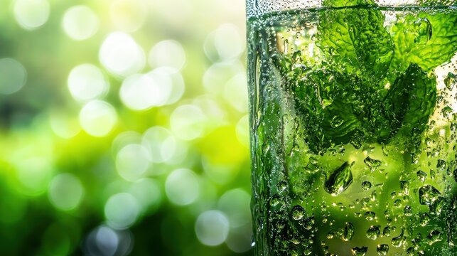Close-up of a refreshing iced drink with mint leaves in a glass, condensation visible, blurred green background.