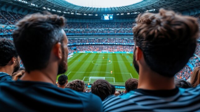 Two individuals are seen from behind, closely observing a bustling soccer game in a large, crowded stadium, capturing the excitement and energy of live sports events.