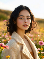 Naklejka premium Model in Breezy Outfit in Sunlit Wildflower Field