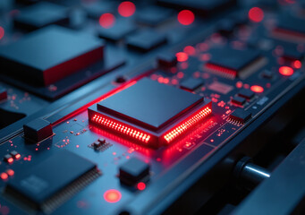 advanced computer chip illuminated red light conveyor line production packaging process industrial semiconductor