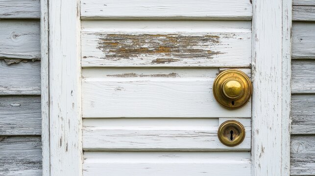 Weathered white wooden door with brass knob and keyhole.
