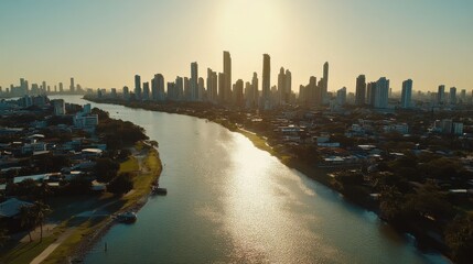 Obraz premium Aerial View of Urban Expansion Near Waterways