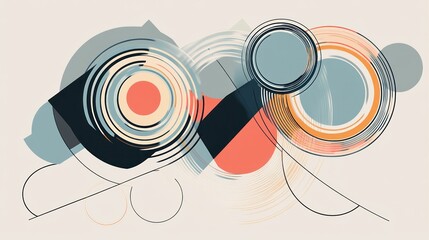 Abstract geometric art with circles, lines, and shapes in muted colors.