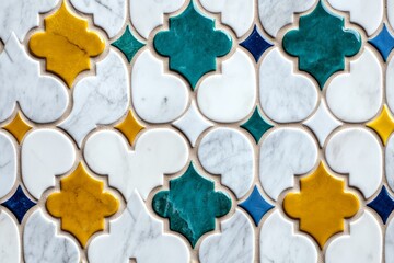 Colorful quatrefoil marble mosaic forming intricate pattern