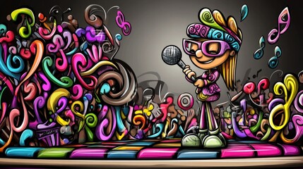 Cartoon girl singing on stage with colorful graffiti backdrop.