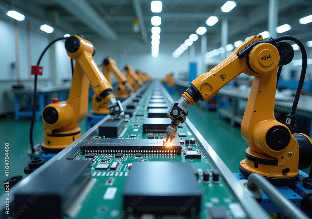 Poster automated assembly line uses advanced robots high precision component installation electronics facto