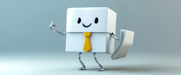 Happy cube character holding papers, wearing tie.
