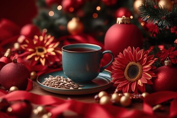 Warm cup of traditional Chinese tea surrounded by festive decorations and flowers during the...