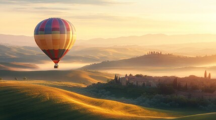 Obraz premium Hot air balloon floats over Tuscany's rolling hills at sunrise.